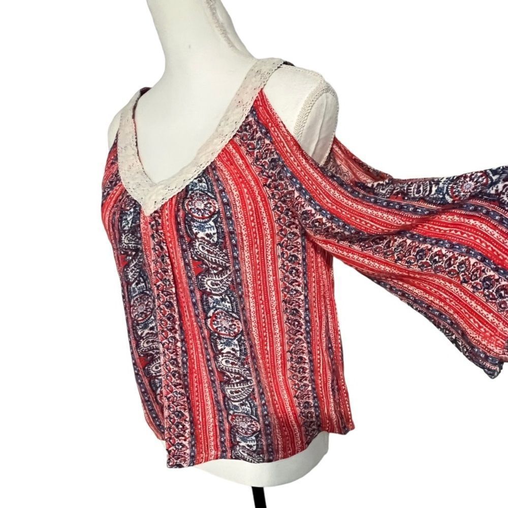 Hollister size L cold shoulder gauzy top with double v-neck & bell sleeves EUC